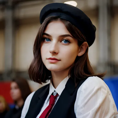 Photograph of a 18 years girl,brunette,blue eyes,sexy,using a cute black suit with grey skirt and black beret,speeches in a socialist event.