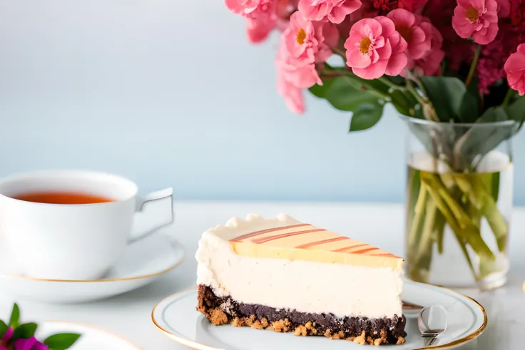 best quality, ultra-detailed, (photorealistic), 
Cheesecake, on white dish, tea cup, flowers in vase, 
depth of field, --auto