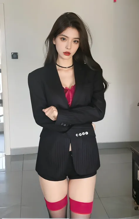 Arad woman poses for a photo in a suit and red stockings, Girl in suit, wearing fashion suit, wearing a black noble suit, girl in a suit, generous cleavage open jacket, cruel korean goth girl, wearing black suits, wearing a black and red suit, wearing blac...