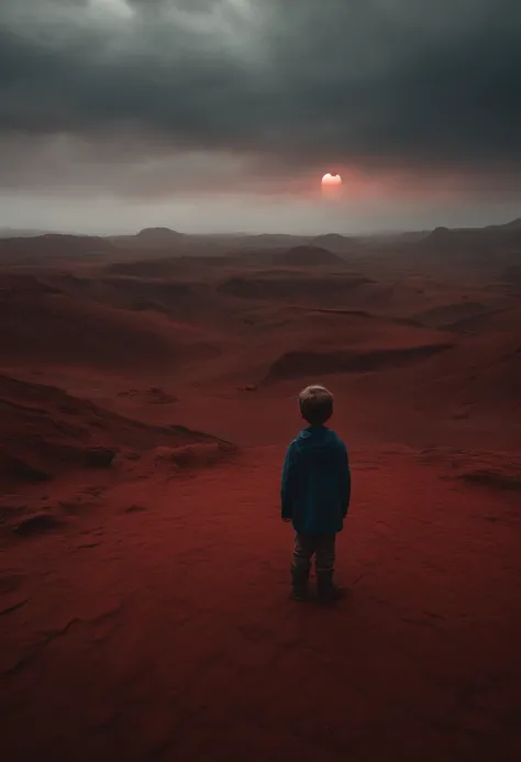 (best quality,4k,8k,highres,masterpiece:1.2),ultra-detailed,red earth with numerous eyes, blood-like ground, a little boy stands on it, all eyes staring at him, haunting atmosphere, eerie, mysterious, somber lighting, vivid colors, horror, surreal, dreamlike, abandoned landscape