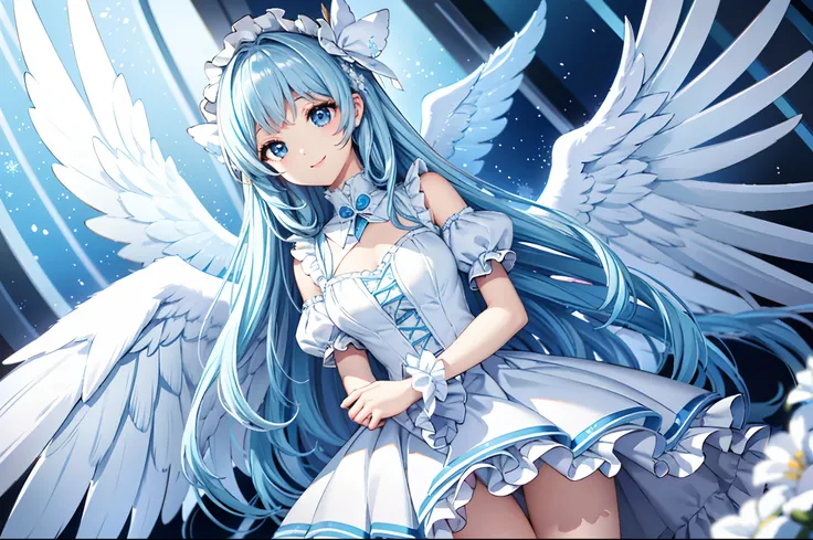 Big big wings of angels shining in seven colors、1 kawaii girl、adorable smiling、Light blue long hair、Twin-tailed、Colorful angel costume in white and blue Lolita style with lots of frills、((top-quality))、((​masterpiece))、(ighly detailed、highestdetailed、Offic...