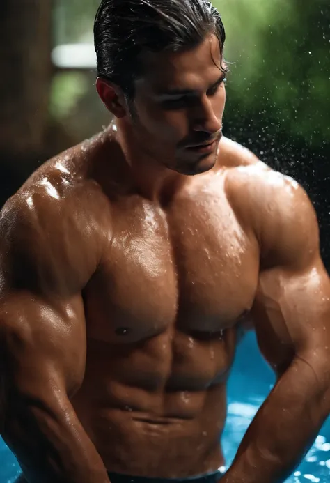 (Best quality,4K,8K,A high resolution,Masterpiece:1.2),Ultra-detailed,(Realistic,Photorealistic,photo-realistic:1.37),Naked muscle man,Bare muscular body,Passionate hugs,Detailed muscles,Wet skin,gleaming water droplets,Affectionate kisses,Sultry atmospher...