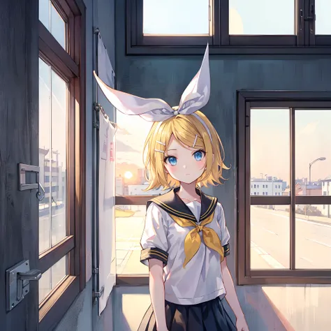 Kagamine Rin , por rubio  , coletas 、ojos rojos、Hermosa chica sola、quimono、una minifalda、aula de escuela 、sentado en pupitre , luz de atardecer (entrando por la ventana , cortinas que se mueven un poco con el viento