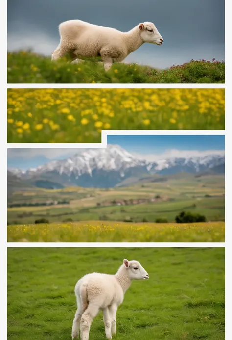 （（best qualtiy，Sony SLR lens，8K，Master masterpieces：1.3）），Background is grassland.Ground（Two lambs）），Eating grass，with mountains in the distance，Large area of green， Blue sky, white clouds, blue sky and white clouds，A few small red, yellow, pink, flowers））...