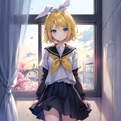 Kagamine Rin , por rubio  , coletas 、ojos rojos、Hermosa chica sola、quimono、una minifalda、aula de escuela 、sentado en pupitre , luz de atardecer (entrando por la ventana , cortinas que se mueven un poco con el viento