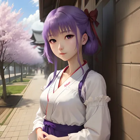 A high resolution, Masterpiece,Sakura Matou,fate, Purple hair, Solo, 1girll,outside,Detailing background, Detailed eyes,