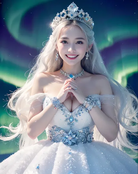 ((snow woman,Snow Princess,Princess of the Japan,South Pole,Antarctic continent,iceberg,Aurora,Dark Northern Lights,Complex and detailed aurora borealis,Shining Northern Lights,Phenomenally cute,goddess of Japan, large full breasts,Snow-white skin,glistnin...