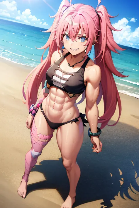 ((female)), (very messy hair), (happy smile), Fangs, ((ripped abs)), toned arms and legs, medium breasts, Excessive sweat, (summer beach scene), bright blue eyes, ( (pink hair)), barefoot, standing, ((full body photo))