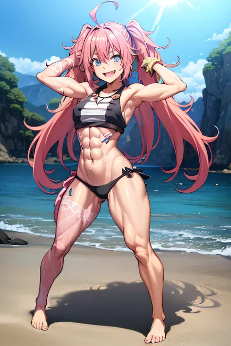 ((female)), (very messy hair), (happy smile), Fangs, ((ripped abs)), toned arms and legs, medium breasts, Excessive sweat, (summer beach scene), bright blue eyes, ( (pink hair)), barefoot, standing, ((full body photo))