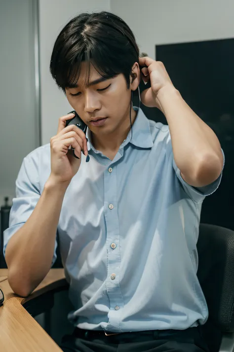 a tired South Korean male professional making phone calls on his smartphone