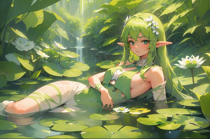 ((half-body portrait of young solo elf woman with green hair)) lying on water surrounded by white flowers and water lily pads, extremely detailed face, wet, neutral expression, perfect illumination, masterpiece, branches, leaves