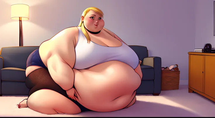 Winry Rockbell, blushing, embarrassed face, goth girlfriend, goth girl, goth, black lipstick, blonde hair, long blonde hair, stuffed belly, big belly, round belly, very full belly, fat belly, flabby belly, obese, obese face, obese belly, (fat belly:1.4), o...