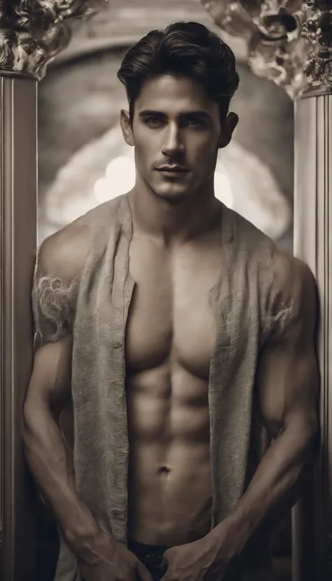 (8K, RAW photo, Highest quality),Realistic,2 handsome men，frontage，Intricate details，Extremely detailed eyes and eyelashes，Muscular male,Manly,looks away,Closed mouth，Male focus,Solo,Open the transparent robe，Exposing the pectoral muscles，Exposing abs，Blac...