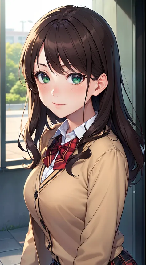 ((Masterpiece, Best quality, A high resolution, hyper HD, Perfect pixels, Depth of field, 4K, RTX, hdr))), 1girll, Single, Solo, Beautiful anime girl, Beautiful Art Style, anime figure, ((Long hair, bangs, Brown hair, Curly hair:0.8)), ((Green eyes:1.4, Ro...