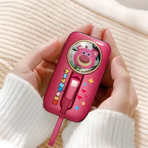 Someone was holding a pink phone，There is a bear on it, pink iconic character, Detailed picture, (in pink), of peppa pig, of peppa pig, cute design, close up photograph, 1x, (Digital art), depiction, easy to use, detailled image, beautiful 2000s phone-came...