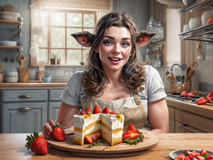 a picture of an a woman cow hybrid eating cheese cake, there is a a woman cow hybrid cow, dynamic colors, busty  wearing an apron, wearing skirt, sitting in a modern kitchen eating chesses cake with strawberries and cream, modern kitchen background, ultra ...