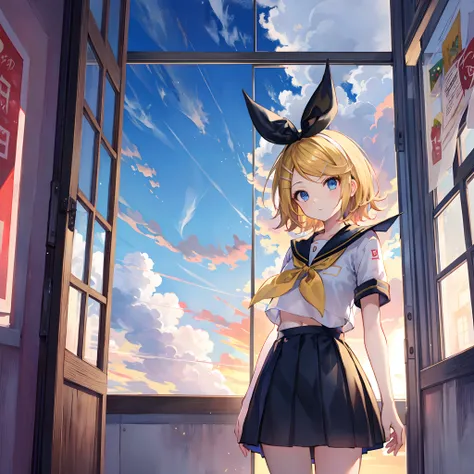 Kagamine Rin , por rubio  , coletas 、ojos rojos、Hermosa chica sola、quimono、una minifalda、aula de escuela 、sentado en pupitre , luz de atardecer (entrando por la ventana , cortinas que se mueven un poco con el viento