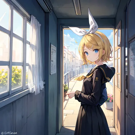 Kagamine Rin , por rubio  , coletas 、ojos rojos、Hermosa chica sola、quimono、una minifalda、aula de escuela 、sentado en pupitre , luz de atardecer (entrando por la ventana , cortinas que se mueven un poco con el viento