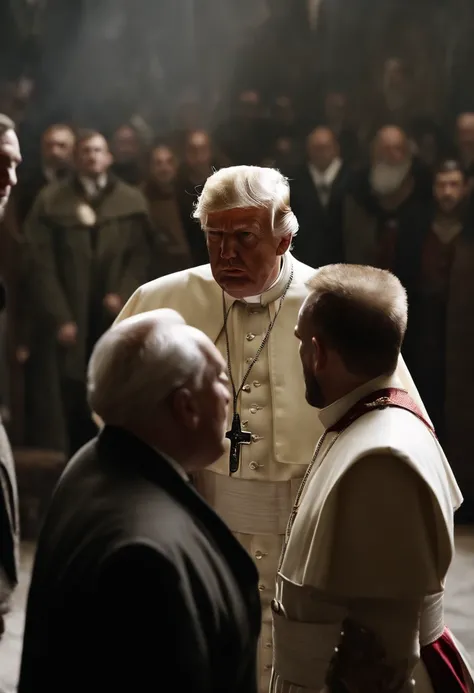 Donald trump discussing war strategies with Julius Caesar, The Pope, Tony Soprano, and a dwarf with another dwarf standing on his shoulders inside a trench coat