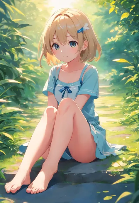 Cute loli，long whitr hair，Leaky shoulders，Barefoot，head looking up，Lie on the ground，Raise your feet，shift dresses，white  panties，largeeyes，Anime cute face，Loli，long white socks，Lift the skirt，huge tit