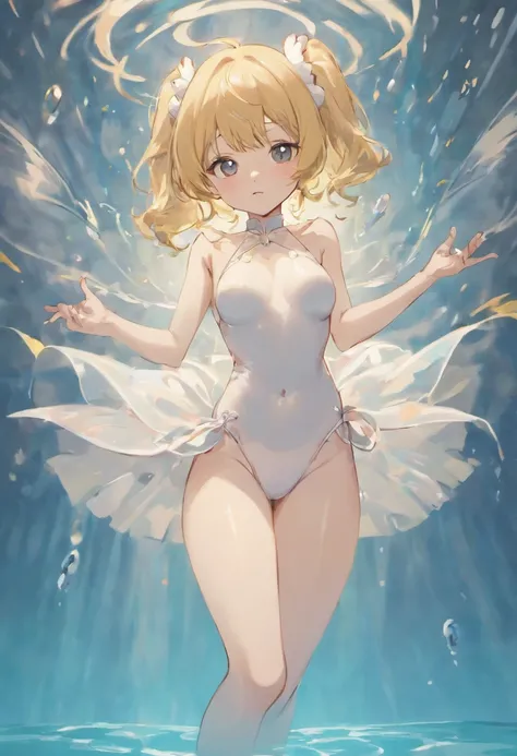 White transparent skinny swimsuit。with his back to the viewer，hindquarters，White stockings，with short golden hair，With rabbit ears，There is a rabbit tail on the panties，pool