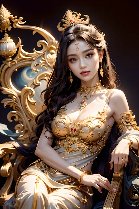 Noble goddess，Scepter in hand，Elegant temperament，mystical ambiance，Best quality、tmasterpiece、A high resolution、1girll、Sheer silk porcelain dress、Nice face、hair adornments、looking at viewer、shift dresses、hair adornments、choker necklace、jewely、long black ha...