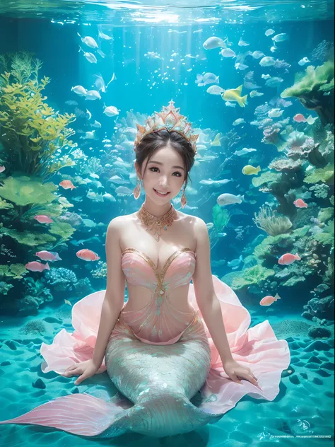 ((Photorealistic Little Mermaid,Mermaid tail,white and pink scales studded with gold,,white and pink glowing scales,,beautiful scaled tail,Sitting in a fantastic and special bed,Mermaid sitting on bed,Looking at the camera,Big smile,Shot from up close,Also...