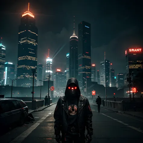 Design a YouTube banner with a background of a cyberpunk city full of skyscrapers, full of eye-pleasing colors. In the center of the banner, add a character with a robot body and a lighthouse-shaped head emitting a soft red light. The character holds a fir...