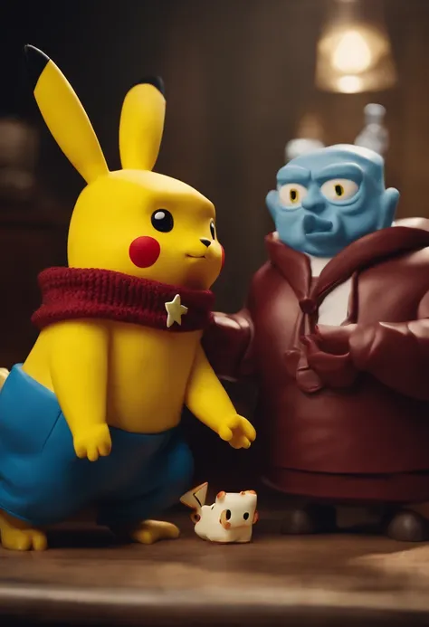 Tony Soprano and SpongeBob SquarePants executing an ugly man wearing a maroon sweater with blue stripes wearing a necklace with a clay pikachu