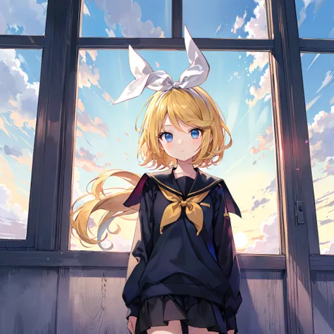 Kagamine Rin , por rubio  , coletas 、ojos rojos、Hermosa chica sola、quimono、una minifalda、aula de escuela 、sentado en pupitre , luz de atardecer (entrando por la ventana , cortinas que se mueven un poco con el viento