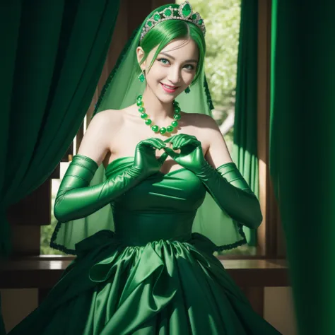 emerald tiara, Green Pearl Necklace, Boyish very short green hair, lipsticks, Japan woman smiling, very short short hair,  big breasts beautiful, Green eyes, Long green gloves made of satin material, Green eyes, Emerald Earrings, green vale, Heart with bot...