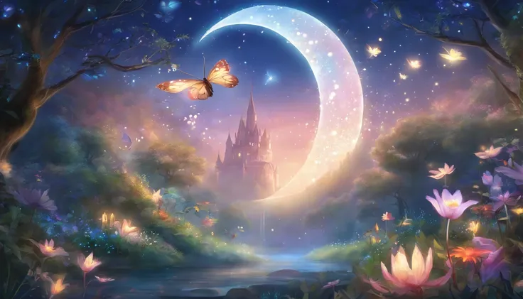 high quality, 8K Ultra HD, Enchanted Moonlit Garden, In the heart of the garden stands a beautiful graceful fairy-like figure, adorned in delicate, flowing garments that shimmer with starlight, Her wings glisten with moonbeams as she spreads a sense of won...