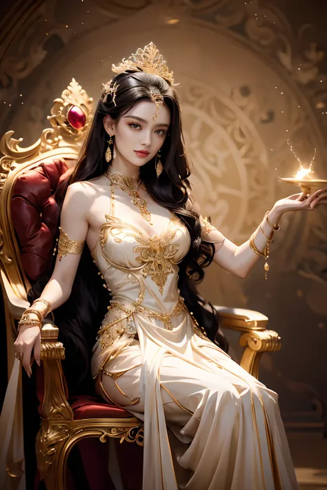 Noble goddess，Scepter in hand，Elegant temperament，mystical ambiance，Best quality、tmasterpiece、A high resolution、1girll、Sheer silk porcelain dress、Nice face、hair adornments、looking at viewer、shift dresses、hair adornments、choker necklace、jewely、long black ha...