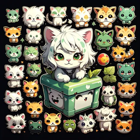 Emoticon pack，Little lion（organism），simple backgound，Cartoon Cute，Green eyes，Silver-white hair