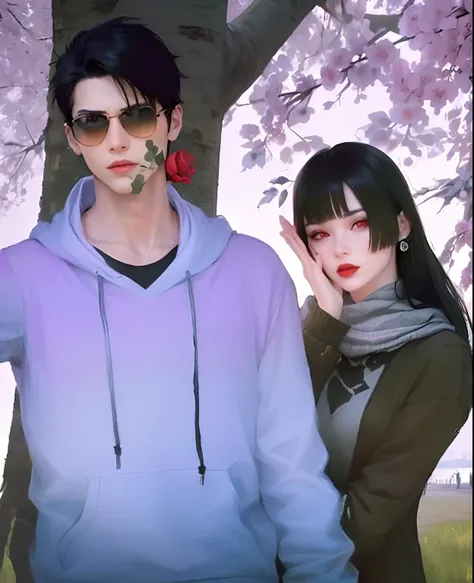 Woman on right, red eyes, black hair, red lips woman, scarf, full red eyes, man on left, shades, biting rose on the left, rose, black hair, hoodie, handsome on the left, couple pose, there are two people, sakura tree background, boy with rose on the mouth