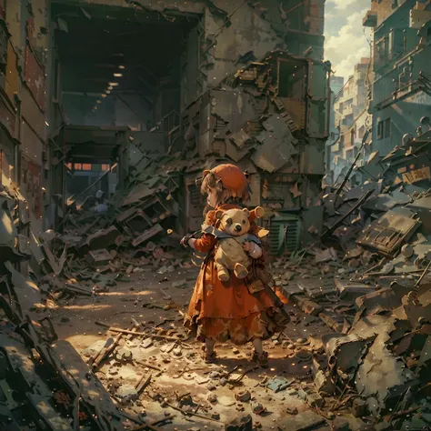 a little girl in a long red dress during the war，carrying the back of a bear doll，ruins of war，dog's breakfast。（very wide angle ...