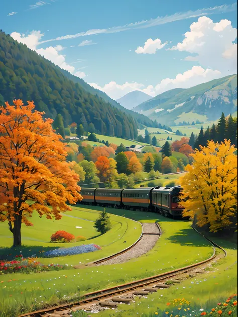 train，swiss montain，Sorissos，This is a spring landscape painting，outskirts，Multicolored flowers，and the sun is shining，（Colorful flowers),4k,fall season