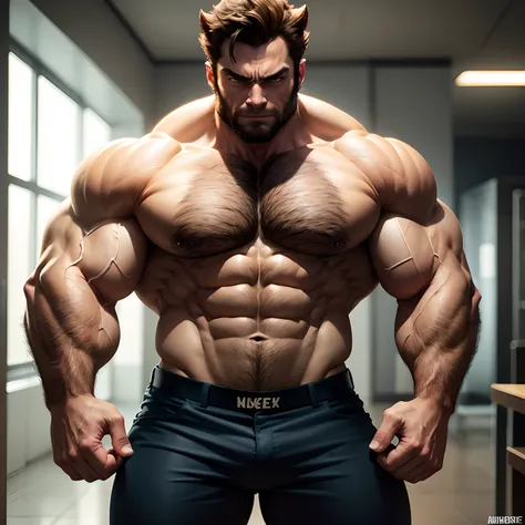 Wolverine muscled hairy with huge torso , huge pecs , huge arms ,  as businessman, full body