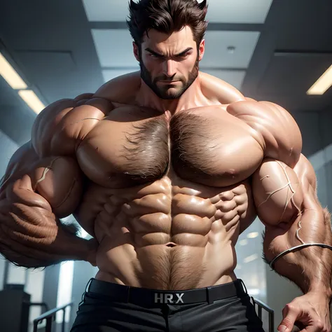 Wolverine muscled hairy with huge torso , huge pecs , huge arms ,  as businessman, full body