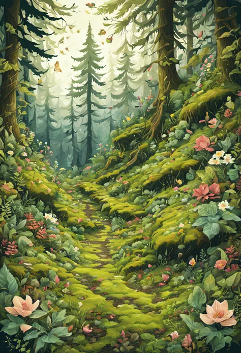 peepicland, illustration,
forrest, moss, leafs on ground, blooming flowers