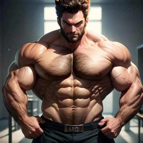 Wolverine muscled hairy with huge torso , huge pecs , huge arms ,  as businessman, full body