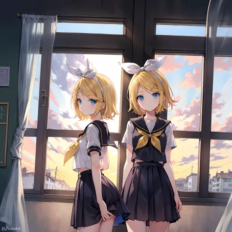 Kagamine Rin , por rubio  , coletas 、ojos rojos、Hermosa chica sola、quimono、una minifalda、aula de escuela 、sentado en pupitre , luz de atardecer (entrando por la ventana , cortinas que se mueven un poco con el viento