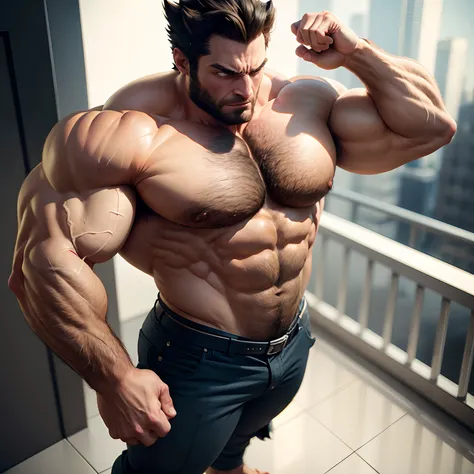 Wolverine muscled hairy with huge torso , huge pecs , huge arms ,  as businessman, full body