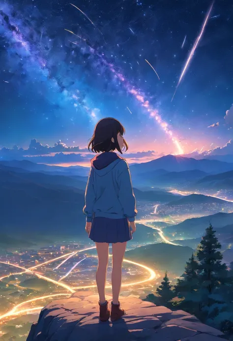 Girl looking at meteor shower and Milky Way in the distance from the top of a mountain