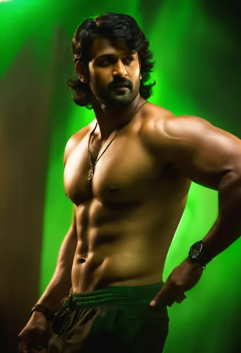 Actor prabhas has eight pack body and background green light effect