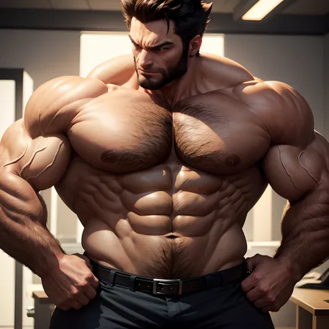 Wolverine muscled hairy with huge torso , huge pecs , huge arms ,  as businessman, full body