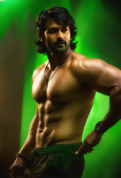 Actor prabhas has eight pack body and background green light effect