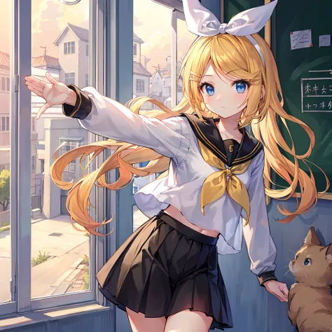 Kagamine Rin , por rubio  , coletas 、ojos rojos、Hermosa chica sola、quimono、una minifalda、aula de escuela 、sentado en pupitre , luz de atardecer (entrando por la ventana , cortinas que se mueven un poco con el viento