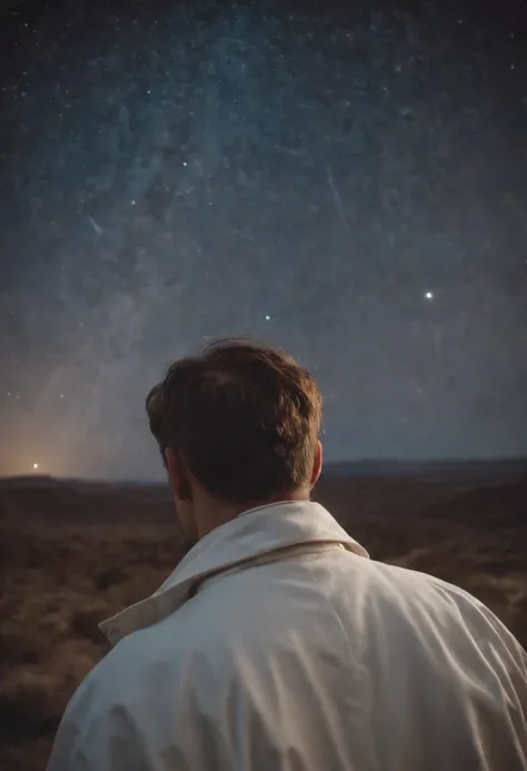 A scientist in a scientific coat turned his back to us，looking at the stars，