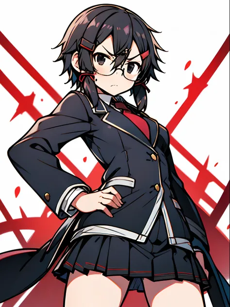 shino asada, (black eyes:1.5), black hair, hair between eyes, hair ribbon, short hair, sidelocks, glasses, hairclip, blazer, black jacket, black skirt, jacket, necktie, pleated skirt, red necktie, ribbon, school uniform, skirt, tress ribbon, hands on hip, ...